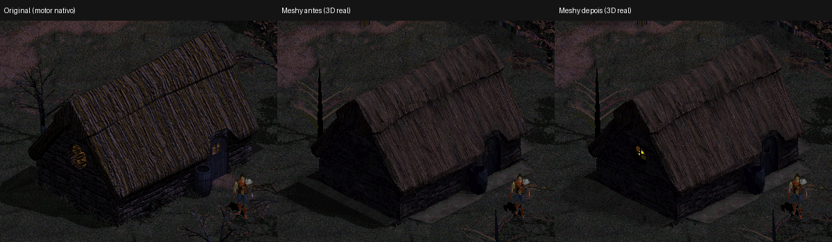 Comparação técnica histórica offscreen da cabana leste no release 63e5e749: renderizador original, modelo antes e depois do interior iluminado.